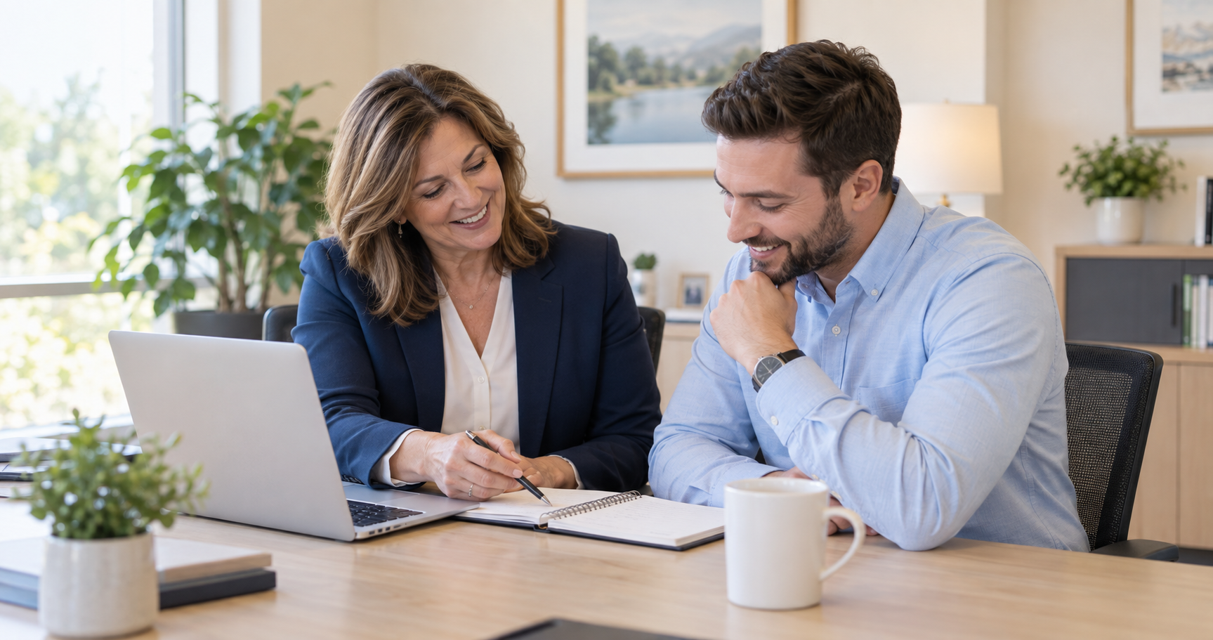Insurance professional mentoring a new agent in a welcoming office