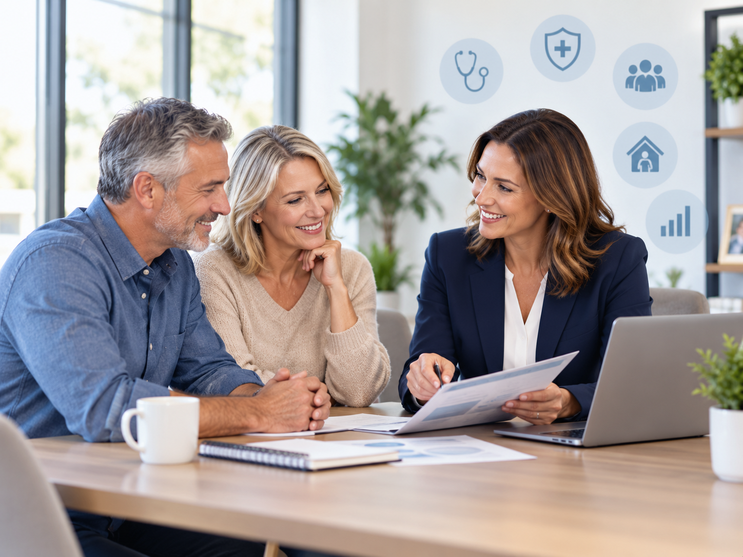 A licensed insurance agent meeting with a couple to review coverage and financial options